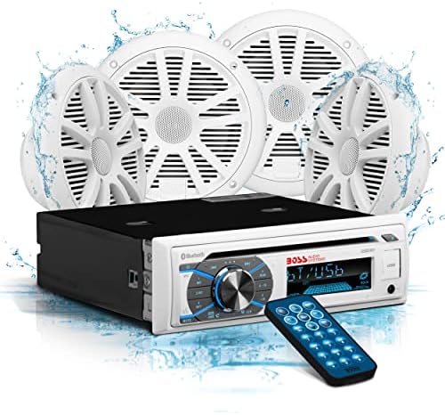 BOSS Audio Systems MCK508WB.64S Marine Boat Stereo Sound System Speaker Package - Single Din Radio Receiver Head Unit, No CD Player, Bluetooth Audio, Two 6.5 Inch Full Range Speakers, Dipole Antenna