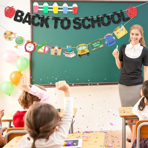 Image of Hooqict Back to School Banner Decorations Colorful Glitter Welcome Back Party Banner for First Day of School Office Classroom Bulletin Board Decorations
