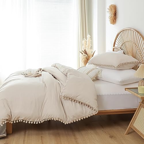 YIRDDEO Queen Comforter Set - Comforter Queen Size Sets with Ball Pom Fringe, Soft Bedding Set for All Seasons - 3 Pieces, 1 Comforter (90"x90") & 2 Pillow Shams (20"x26"), Beige