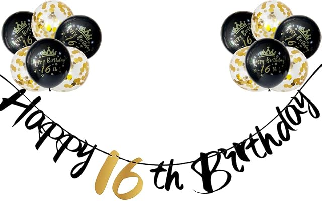RichMoho Girls Boys Happy 16th Birthday Banners Black Men Women 16th Birthday Banner Bunting Black Gold Including 12 Pack 12 Latex Printed Balloons Women Men 16 Birthday Decorations Supplies