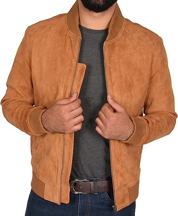 Suede Leather Jackets for Men’s - Genuine Real Lambskin Leather Bomber Jacket Baseball Style Suede Tan Leather Jacket (Large)3