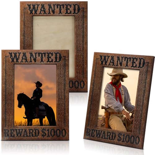 Image of AceOrbit 6 Pcs Western Wanted Picture Frame Rustic Wood Photo Frame Fit 4 x 6 Inch Picture with Clear Acrylic Cool Handicrafts Tabletop or Wall Mounting Great for Display for Farmhouse Home Decor