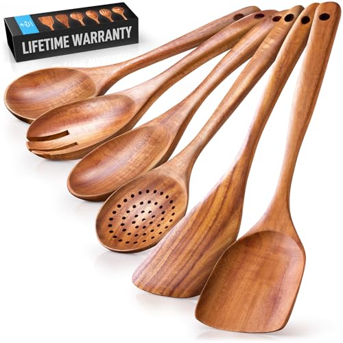 Zulay Kitchen 6-Piece Wooden Spoons for Cooking – Smooth Finish Teak Wooden Utensils for Cooking – Soft Comfort-Grip Wood Spoons for Cooking – Non-Stick Wooden Cooking Utensils – Wooden Spoon Sets