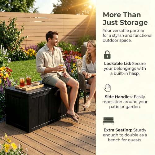 Image of 185 Gallon Deck Box Outdoor Storage, Weatherproof Resin Patio Container for Cushions Garden Tools Pool Accessories, Lockable Lid with Handles, Bench Seat for Yard Patio Garage