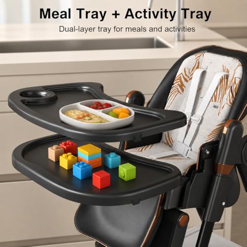 Image of Baby High Chair for Babies and Toddlers, Foldable Feeding Chair with Wheels, Adjustable Seat Height, Backrest, Footrest, Removable Tray, PU Cushion, 5-Point Harness, Black