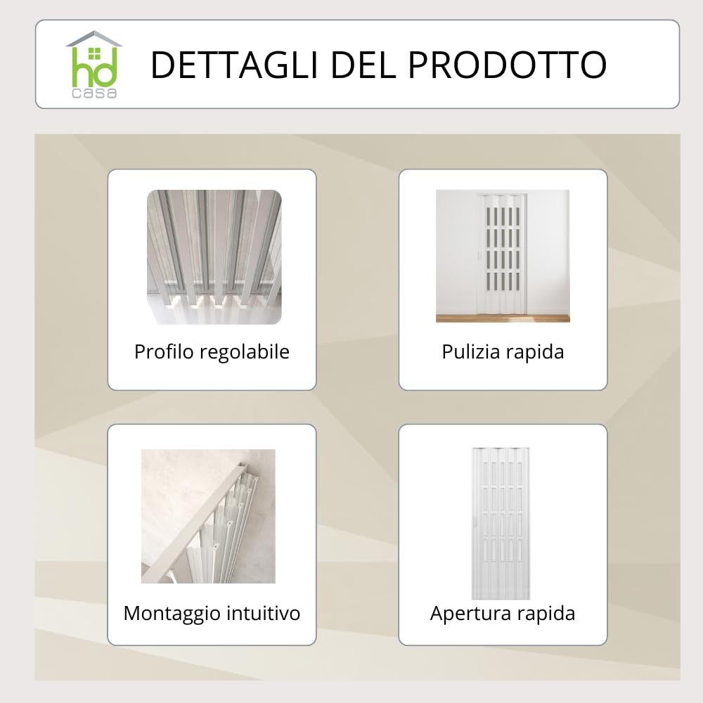 HD CASA Porte pliante standard Extra, PVC avec vitrage transparent, réversible et réglable en hauteur longueur, à monter soi-même, fabriquée Italie, ameublement, blanche 82 x 200 cm