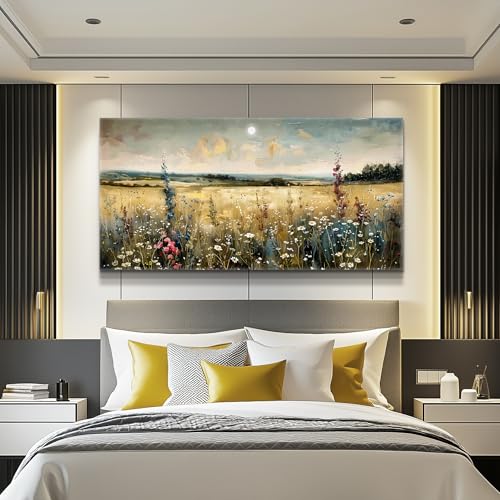KELIYUAN Large Vintage Natural Field Landscape Painting Home Decor Farmhouse Vintage Meadow Wildflowers Modern Printed Artwork Living Room Decor Bedroom Office Can Be Hung Directly 30 X 60 Inches