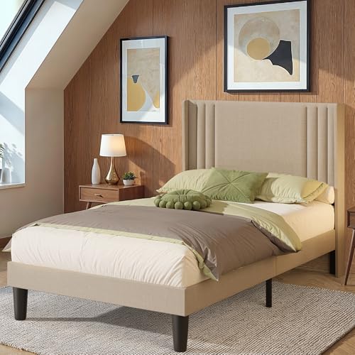 Blishom Letto imbottito 120 x 200 cm, con testiera e rete a doghe, robusto letto in tessuto per ragazzi e camere degli ospiti, struttura imbottita ，Beige