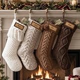 Farmhouse Knitted Personalised Christmas Stockings: 4 Pack 18 Inch Rustic Neutral Cable Knit...