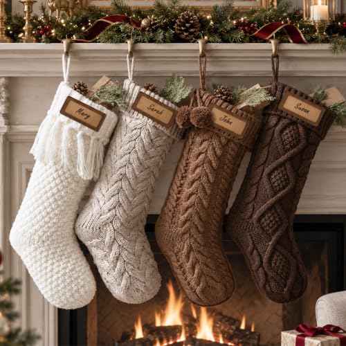 Farmhouse Knitted Personalised Christmas Stockings: 4 Pack 18 Inch Rustic Neutral Cable Knit Fireplace Stockings, Rustic Cozy Hanging Xmas Stocking Decorations for Family Holiday Décor, Earth Tones