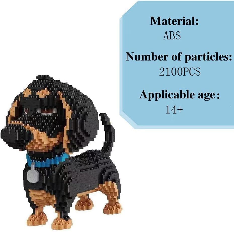 Assembled ISeeSee Mini Dog Building Blocks model, showing material, piece count, and age recommendation.
