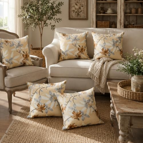 Image of Clasiko 16x16 Cushion Covers - Set of 5 Soft Cotton-Feel Decorative Pillow Covers | Golden Blossom, Flap Closure, Perfect for Sofa & Living Room