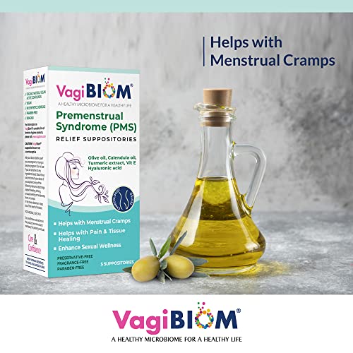 VagiBiom Menstrual Relief Suppositories (5 Suppositories) with Calendula Oil, Cocoa Butter, Turmeric and VIT E That Helps with Period Cramp, Mood Swings. Tissue Healing. USA Made, Vegan, Hormone-Free - Thumbnail 3