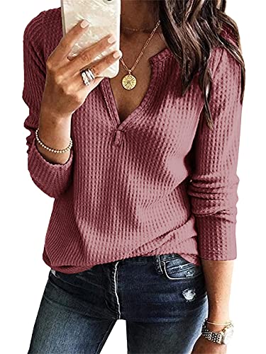 Women's Long Sleeve V Neck Waffle Knit Tee Sweater