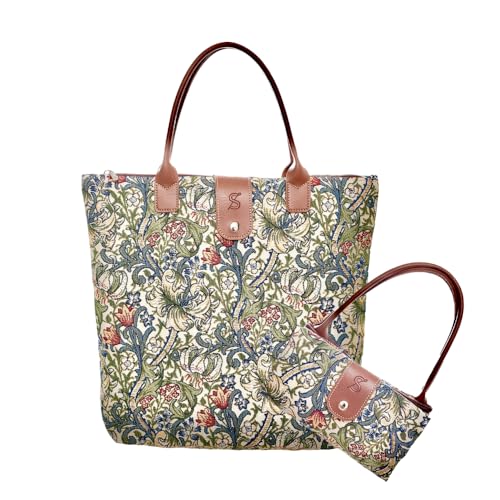 Signare Faltbare Gobelin-Tragetasche, wiederverwendbare Einkaufstasche, Einkaufstasche mit William Morris Kunst-Design (Golden Lily, Fold-GLILY)