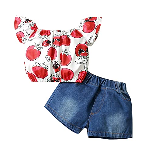 Conjunto de 3 peças de roupas para bebês meninas com estampa floral e short jeans envelhecido para o