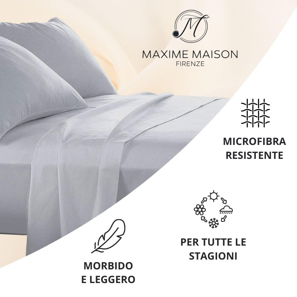 MAXIME MAISON - Completo Lenzuola Matrimoniali 4 Pezzi, Set Lenzuola Matrimoniale in Microfibra Made in Italy, Completo Letto 1 Lenzuolo con Angoli, 1 Lenzuolo Sopra, 2 Federe (Grigio)