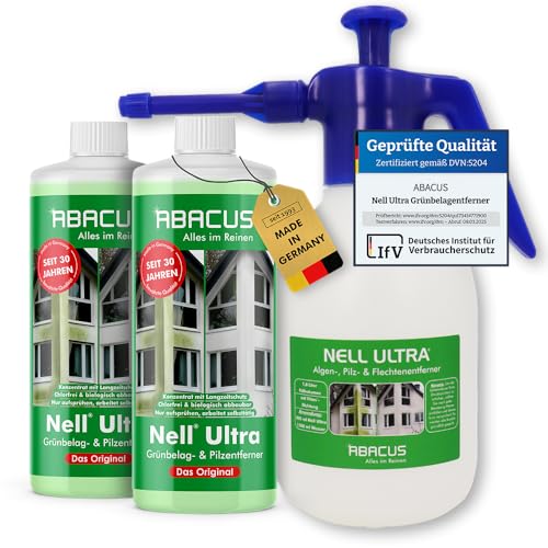ABACUS® Nell Ultra Grünbelagentferner & Algenentferner Konzentrat, extrem stark! Entfernt Grünbelag & Algen selbsttätig ohne zu Schrubben – Grünbelagentferner 2x 1000ml mit Sprühflasche – Set S