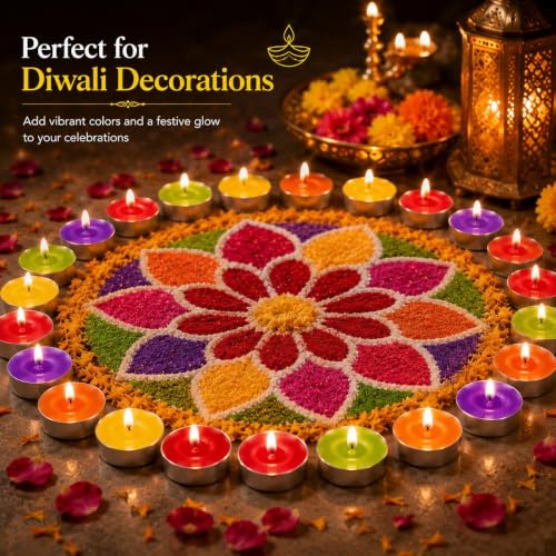 Image of Bindian Unscented Tea Light Candles, 100% Paraffin Wax, Smokeless Dripless Tealights for Home Decor, Diwali, Wedding, Spa, 1-1.5 Hour Burn Time (Pack of 200 Multicolor)
