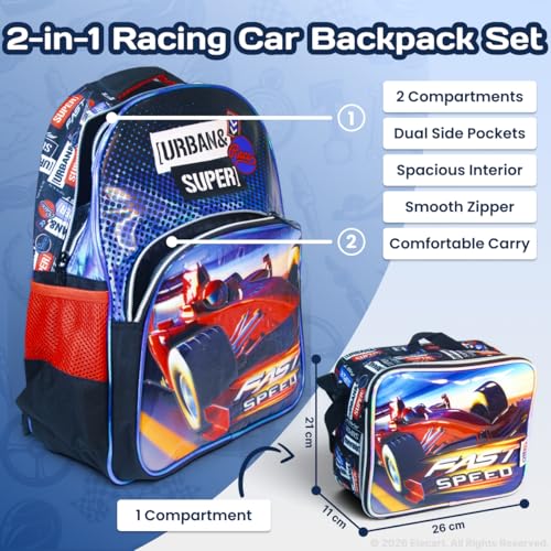 Image of School Bag Combo Set for Girls - 5 in 1 Back to School Hamper with Backpack, Lunch Bag, Tiffin Box, Water Bottle & Pencil Pouch - Complete School Essentials Gift Set for Kids (Race)