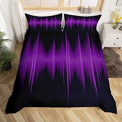 Geometric Abstract Stripes Kids Duvet Cover Set Queen Size,Purple Gradient Lines Bedding Set,Boys Girls Adults Bedroom Decor,Modern Stylish Comforter Cover,Black Simple Quilt Cover,3Pcs,2 Pillowcases #TOP17