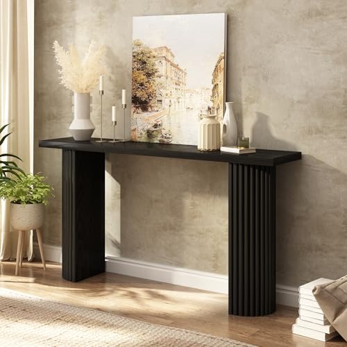 Image of Fluted Solid Wood Console Table - 55 Inches Mid Century Modern Foyer Table, Entryway Hallway Minimalist Sofa Table, Half Round Legs, Black