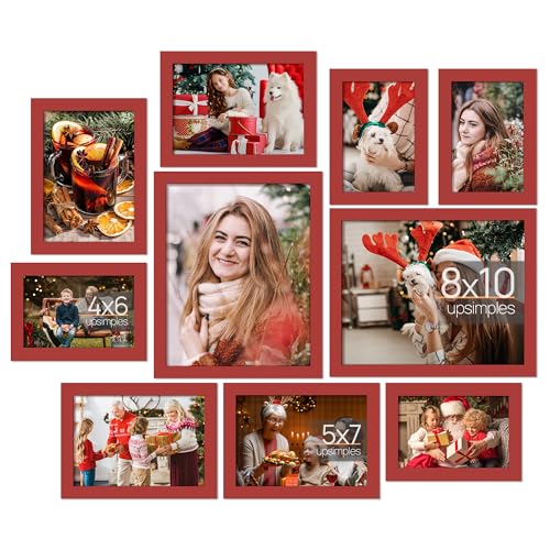 upsimples 10 Pack Picture Frames Collage Wall Decor for Mounting or Tabletop Display, Photo Gallery Frame Set for Family, Multi Sizes Including 8x10, 5x7, 4x6, Red