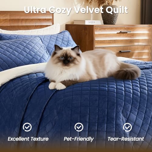 L'AGRATY Velvet Quilt King Size: 3-Piece Reversible Luxury Velvet Bedding Comforter Set - Lightweight Oversized Quilted Bedspread Coverlet with 2 Pillow Sham for All Season - Navy Blue Quilt
