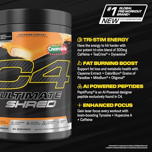 Image of Cellucor C4 Ultimate Shred Pre Workout Powder, Metabolism Supplement with Cayenne Extract+300mg Caffeine+TeaCrine+Dynamine - Orange Creamsicle, 20 Servings