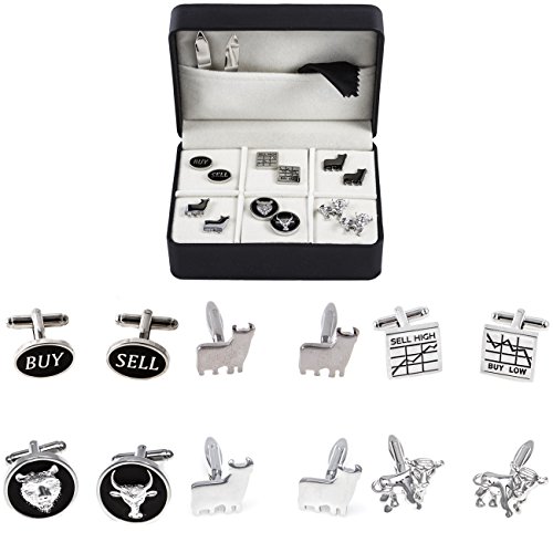 MRCUFF Wall Street Stockbroker Trader Bull Bear Buy Sell 6 Pairs Cufflinks in a Presentation Gift Box, Collar Tabs & Polishing Cloth