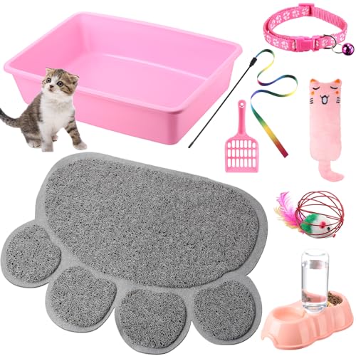Tioncy 7ピース 子猫スターターキット ピンク 猫 必需品セット シャベル付きトイレボックス付き ダブル自動猫ボウル 猫足トイレマット 猫のおもちゃ ティーザースティック 猫首輪 猫 子猫用品（Amazon）