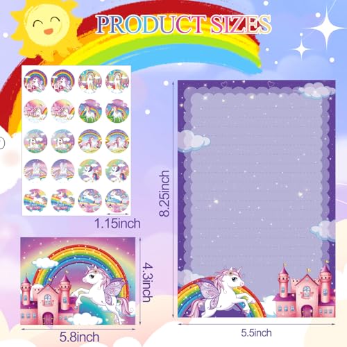 Image of TaoBary 160 Pcs Unicorn Theme Stationery Paper and Envelopes Set 50 Double Sided Lined Stationery Paper with 50 Matching Envelopes and 60 Round Dot Sticker 5.5 x 8.25'' Letter Writing Kit, 10design