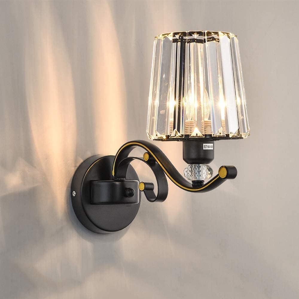 SXECAEPS European Wall Light 2 Crystal Lamp Modern Metal Sconce Luxury Black Gold Fixtures E27 Bedside Reading Lamps, Pendant