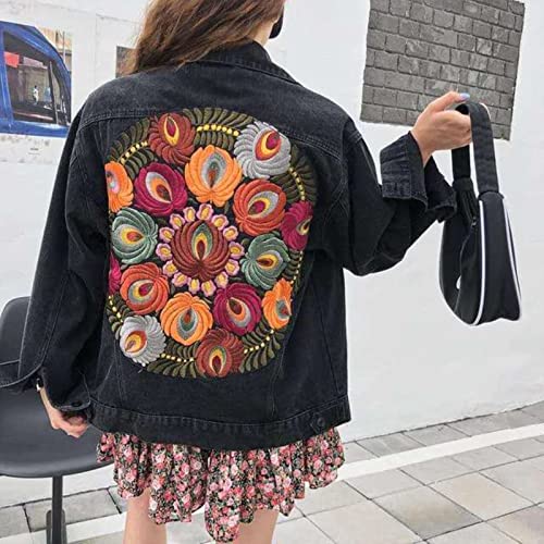 ZXCL Vintage Oversized Multi Floral Bordado Denim Chaqueta de Mezclilla Mujer Vaquero Manga Larga Lapel Casual Denim Coat Streetwear Outwear Outwear-Black,M