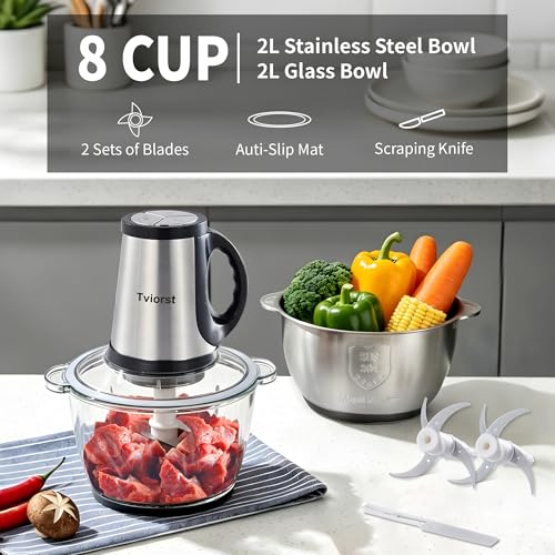 Tviorst Electric Food Processor, 3-Speed Food Chopper with Meat Grinder & Vegetable Chopper - 2 Bowls (8.5 Cup Stainless Steel+8.5 Cup Glass) with Powerful 300W Copper Motor, 2 Bi-Level S Blades - image 2