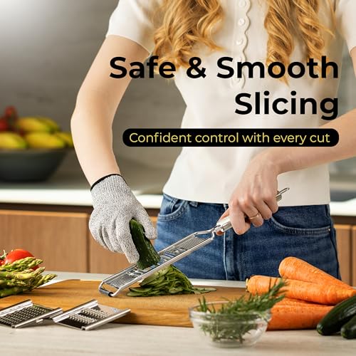 Image of Gramercy Handheld Mandoline Slicer for Kitchen - Stainless Steel Veggie & Fruit Slicer with 4 Blades - Slicer, Julienne & Grater; Cut Resistant Safety Glove & Cleaning Brush Included; Dishwasher Safe
