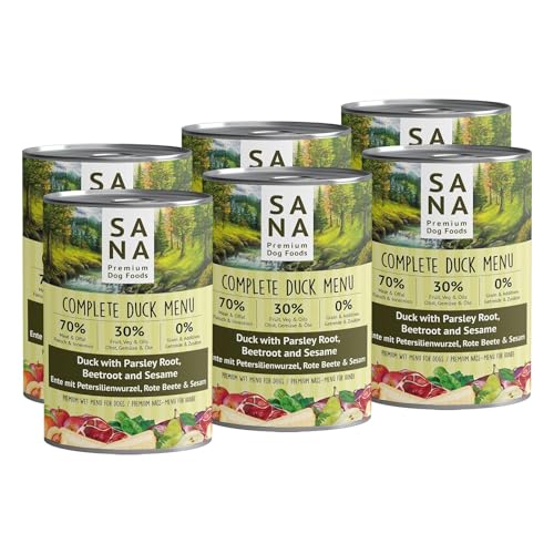 SANA Premium Dog Foods I Nass-Menüs I hoher Fleischanteil, getreidefrei I Verschiedene Sorten und Größen (12 x 400g Dosen, Ente mit Petersilienwurzel, Rote Beete & Sesam)