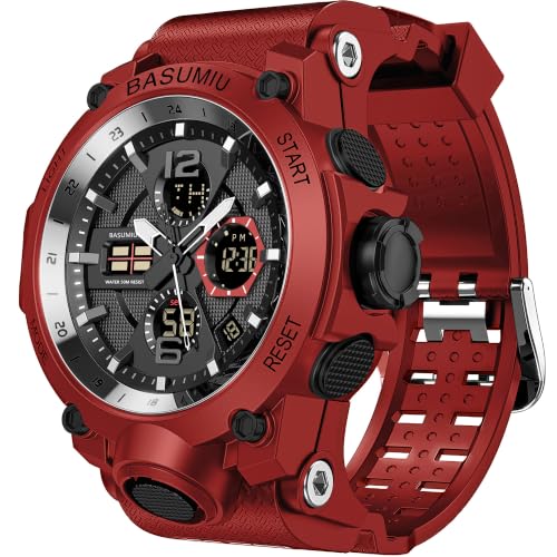 BASUMIU Red Military Dive Tactical Digital Man Watches for Men Nice Luxury Waterproof Diver Mens Watches Work Sports (B-Red)