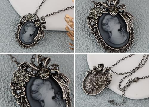 Image of Alilang Vintage Inspired Crystal Rhinestones Victorian Lady Cameo Pendant Necklace Maiden Flower Ribbon Bow Brooch Pin