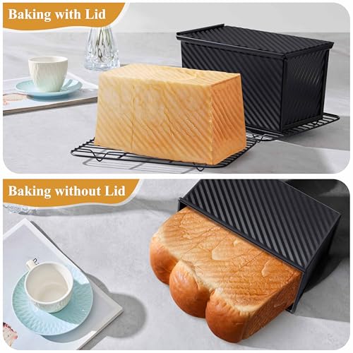 Image of LIANYU 2 Pack Pullman Loaf Pan with Lid, 1 Pound Dough Bread Loaf Pans | Nonstick Metal Bakeware for Sourdough Sandwich Homemade Bread, Carbon Steel Corrugated Toast Tin, Black