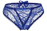 Confonze Women Sexy Crotch Panties Floral Lace Midnight Briefs Cross Strappy Bow-Tie Underwear (Large, Blue)