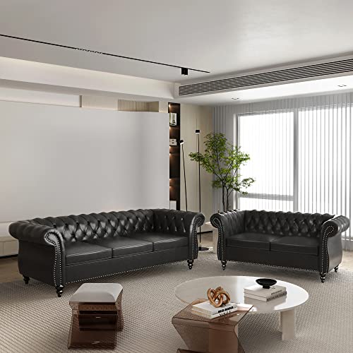Image of ORRD 2 Pieces Living Room Set, Chesterfield Leather Sofa Loveseat Couch with Scroll Arms and Nailhead for Living Room, Office (Black)