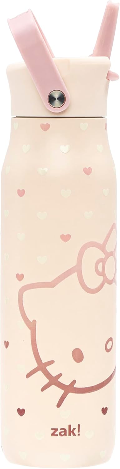 Zak Designs Sanrio Hello Kitty Harmony Water Bottle for Travel or At Home, 32oz Stainless Steel is Leak-Proof When Closed and Vacuum Insulated with Straw Lid, Carry Handle, and 3D Artwork