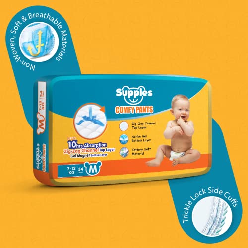 Image of Amazon Brand - Supples Comfy Diapers, Medium (M), 34 Count, 7-12 Kg, 10 hrs Absorption and Cottony Soft Material Baby Diaper Pants