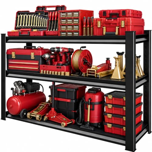 Image of Metal Garage Shelving Unit, Heavy Duty Adjustable Storage Shelves, Steel Shelving, 1500 lbs Capacity Shelves for Heavy Tools and Equipment, 3 Tier, 35.4 inch W x 11.8 inch D x 31.5 inch H