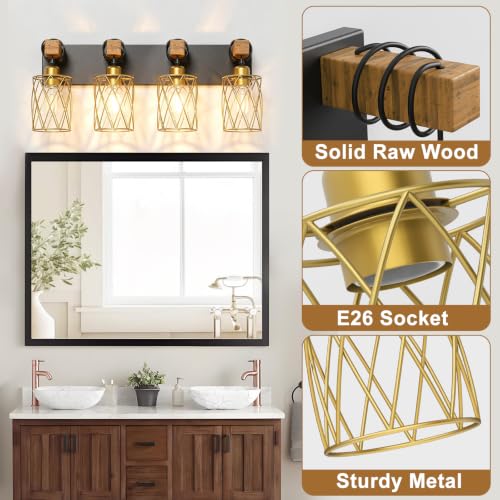 Image of IZORRO Farmhouse Bathroom Vanity Light, 4-Light Wood Bathroom Light Fixtures Over Mirror, Black and Gold Industrial Vanity Lights with Metal Shade, Rustic Restroom Lighting Fixtures