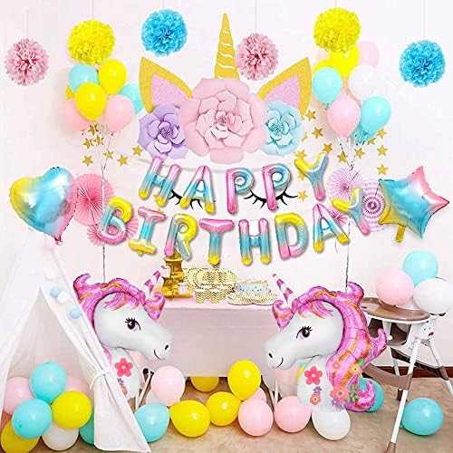 Unicorn Birthday Decorations,Unicorn Party Decorations for Girls,3D Unicorn Balloons Happy Birthday Banner Latex Confetti Balloons Cake Topper Foil Balloon for 1st 2nd 3rd 5th 6th Girls Baby Birthday