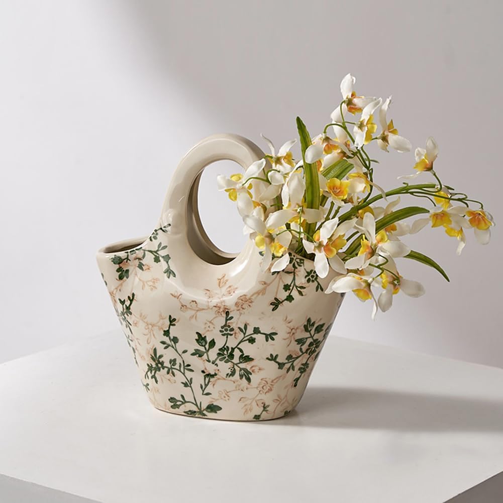 Small Green Purse Vase,Ceramic Chinoiserie Floral Vase,Vintage Green Vases Retro Ceramic Flower Vases for Home Decor, Living Room,Office,Chinoiserie Decor,B1