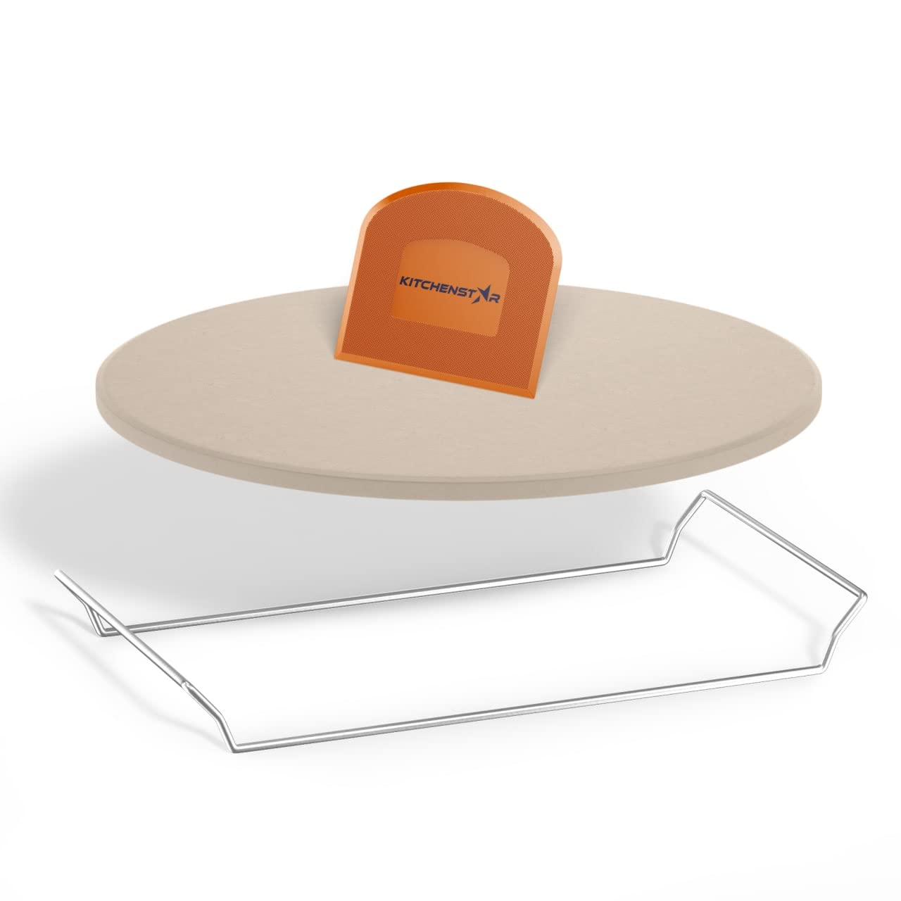 KitchenStar 14-inch Pizza Stone for Oven and BBQ Grill with Handles, Round, 5/8" Thick - Natural Cordierite, 1800 °F Resistant, Baking Stone Set with Stainless Steel Rack & Plastic Scraper Tool