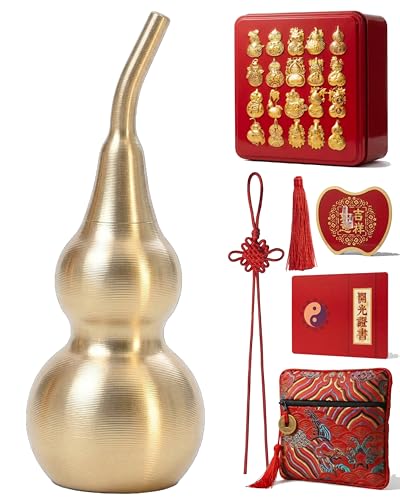 Askoppo Mini Feng Shui Wu Lou Car Mirror Hanging Accessory, Authentic Chinese Hulu Good Luck Charm with Secret Wish Compartment, Zen Spiritual Decor Gift Set，Brushed Brass Smooth